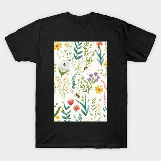 Floral Garden Botanical Print with Wild Flowers and Bees T-Shirt by FloralFancy